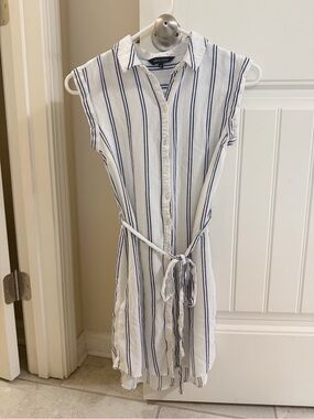 New Look White Dress with Navy Vertical Stripes